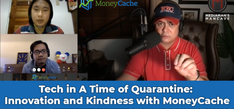 banner image with 3 persons having a meeting online with a text "Tech in A Time of Quarantine: Innovation and Kindness with MoneyCache""